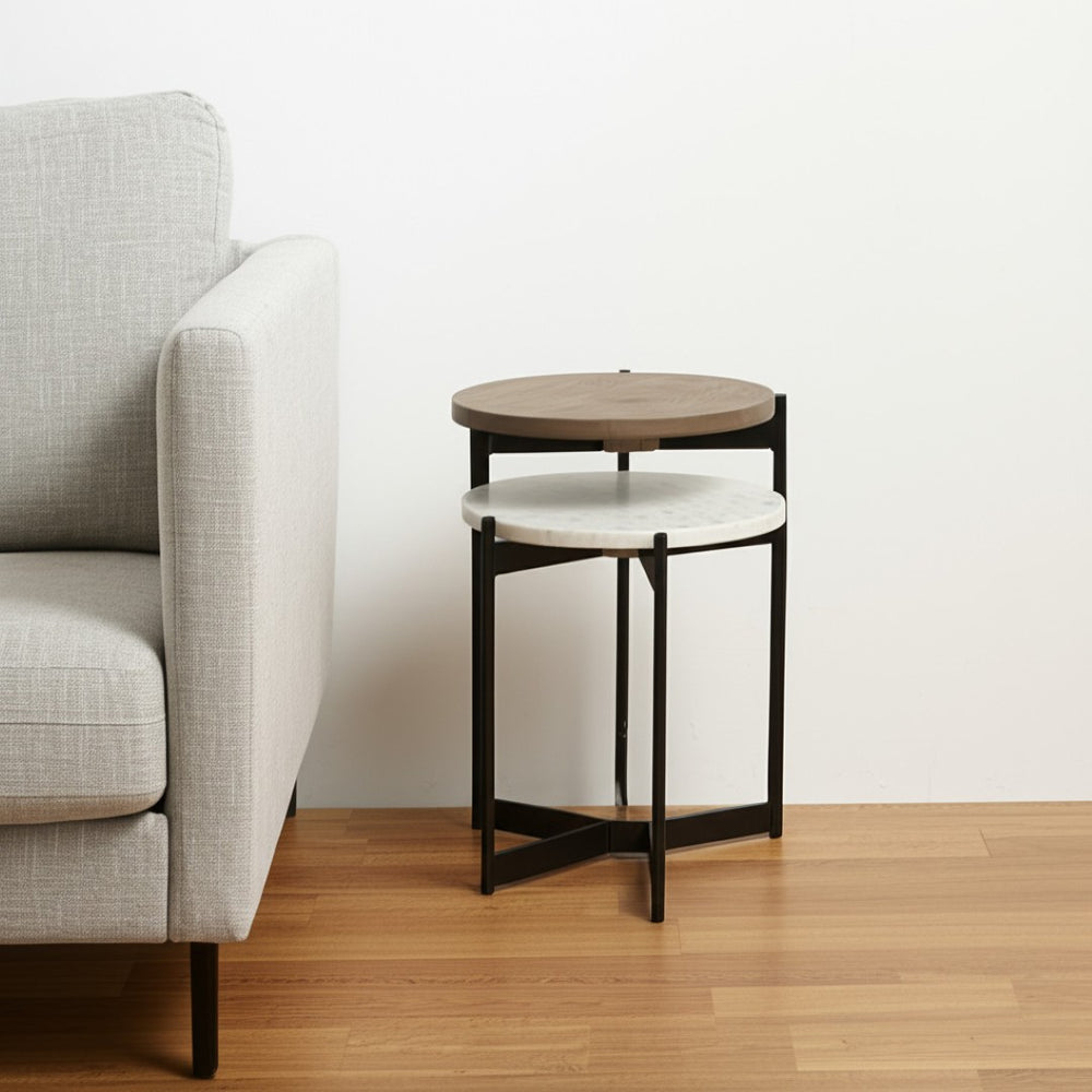 HomeRoots 24" Brown and White Glass Round End Table - Modern Accent with Durable Metal Frame for Versatile Styling 380666