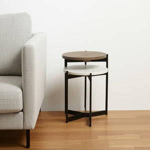 HomeRoots 24" Brown and White Glass Round End Table - Modern Accent with Durable Metal Frame for Versatile Styling 380666