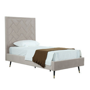 English Elm Crosby Upholstered Velvet Twin Bed in Greige with Chevron Headboard, Solid Slats, Foam Padding, No Box Spring Needed B365S00043