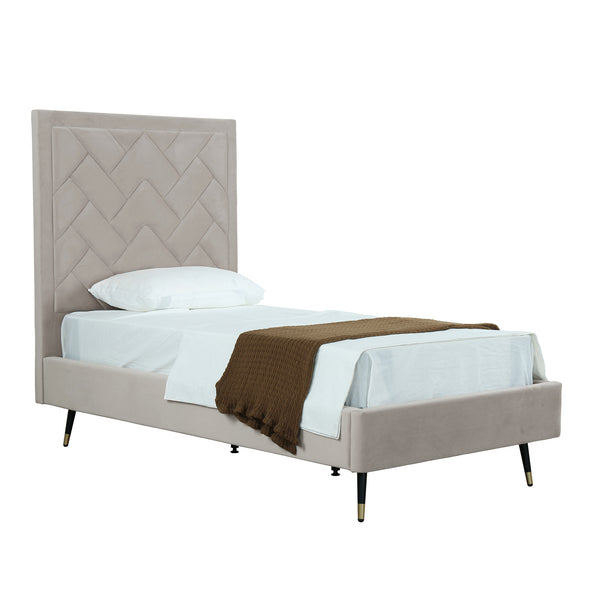 English Elm Crosby Upholstered Velvet Twin Bed in Greige with Chevron Headboard, Solid Slats, Foam Padding, No Box Spring Needed B365S00043