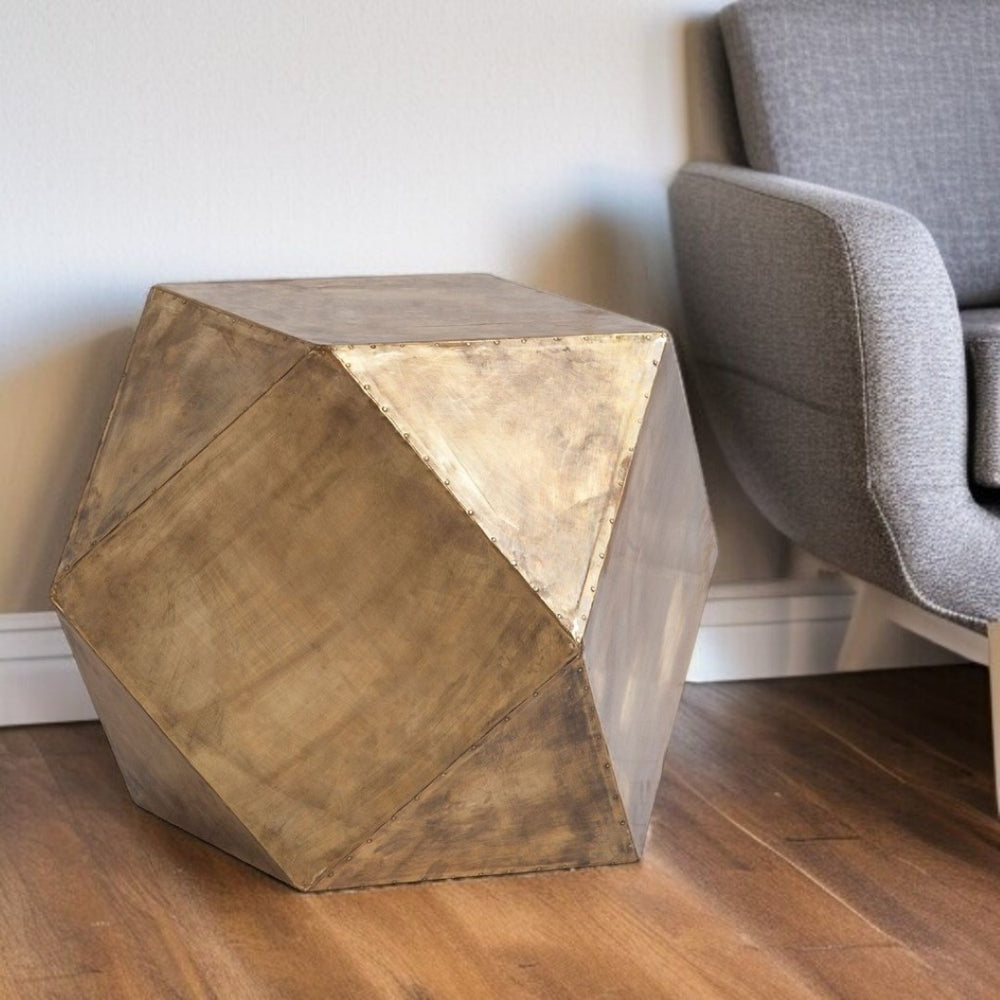 HomeRoots 19" Distressed Brass Square Block End Table - Rustic Industrial Charm for Modern Spaces & Versatile Use 380668