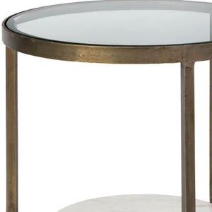 HomeRoots 24" White Round Glass End Table with Sculptural Metal Base & Gold Accents – Versatile Modern Design 380669
