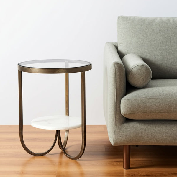 HomeRoots 24" White Round Glass End Table with Sculptural Metal Base & Gold Accents – Versatile Modern Design 380669