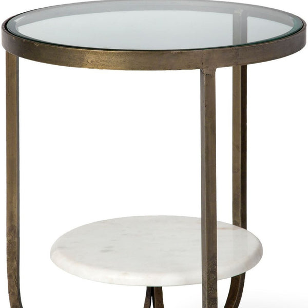 HomeRoots 24" White Round Glass End Table with Sculptural Metal Base & Gold Accents – Versatile Modern Design 380669