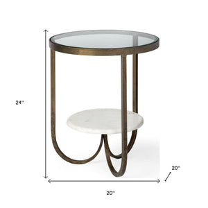 HomeRoots 24" White Round Glass End Table with Sculptural Metal Base & Gold Accents – Versatile Modern Design 380669