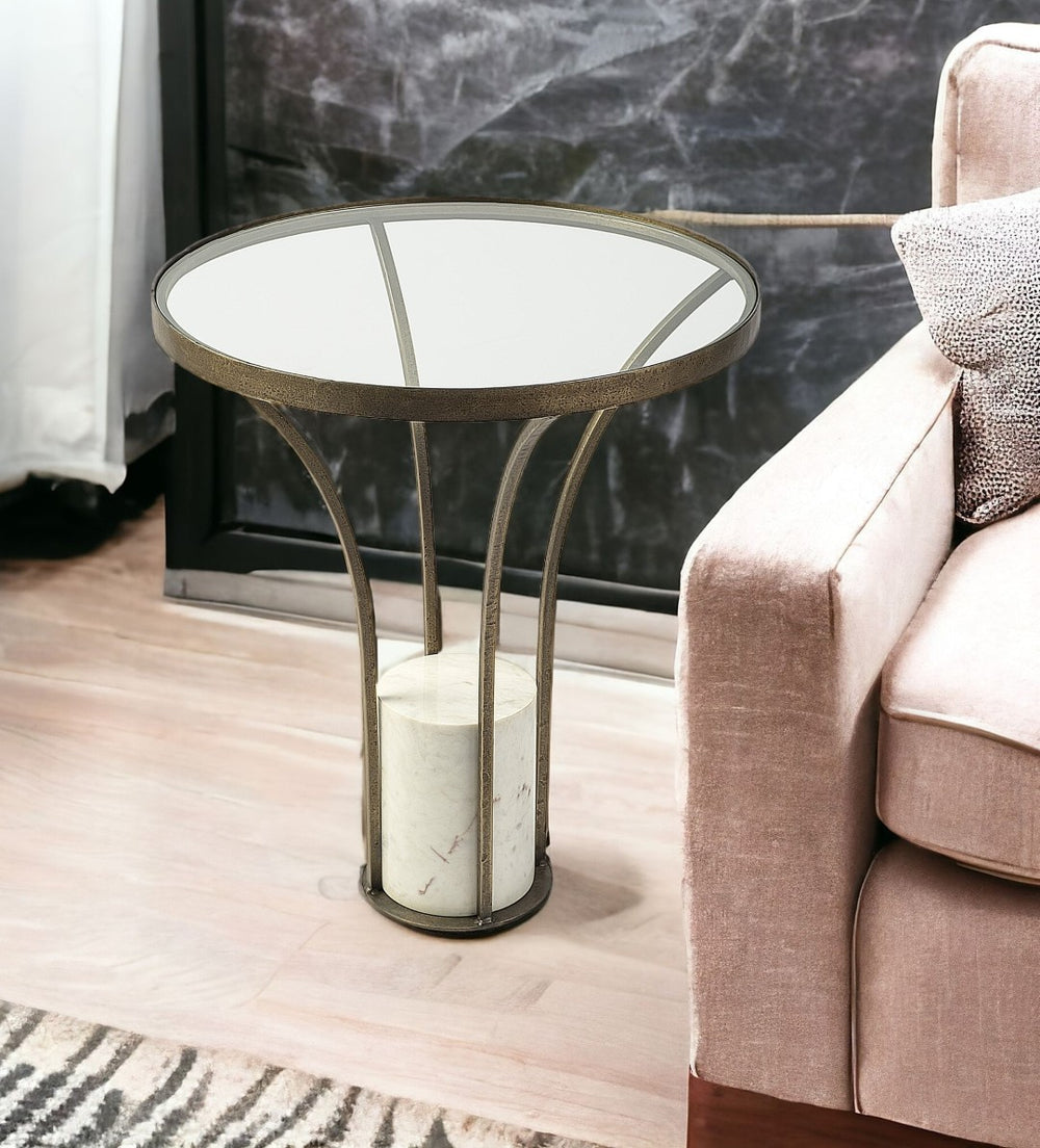 HomeRoots 24" Modern Black and White Round Glass End Table with Gold Accents - Stylish Accent for Small Spaces 380677