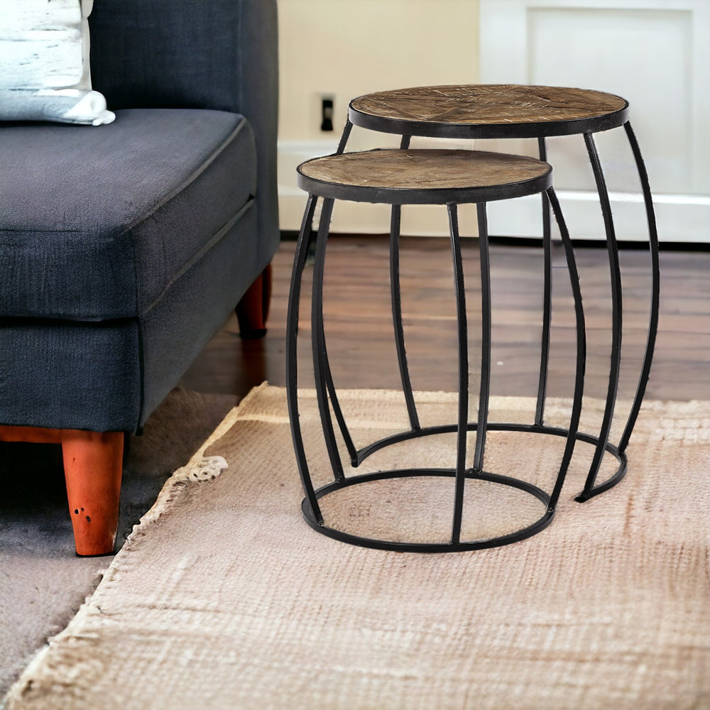 Homeroots Set Of Two 26" Black And Brown Solid Wood Round End Table   380680