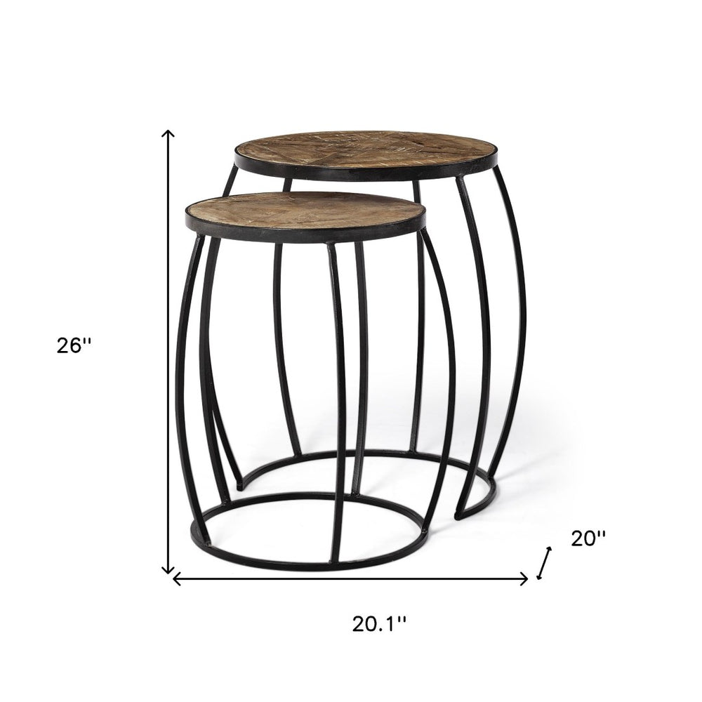 HomeRoots Set of Two 26" Modern Round End Tables with Solid Wood Top and Stylish Black Metal Base for Versatile Use 380680