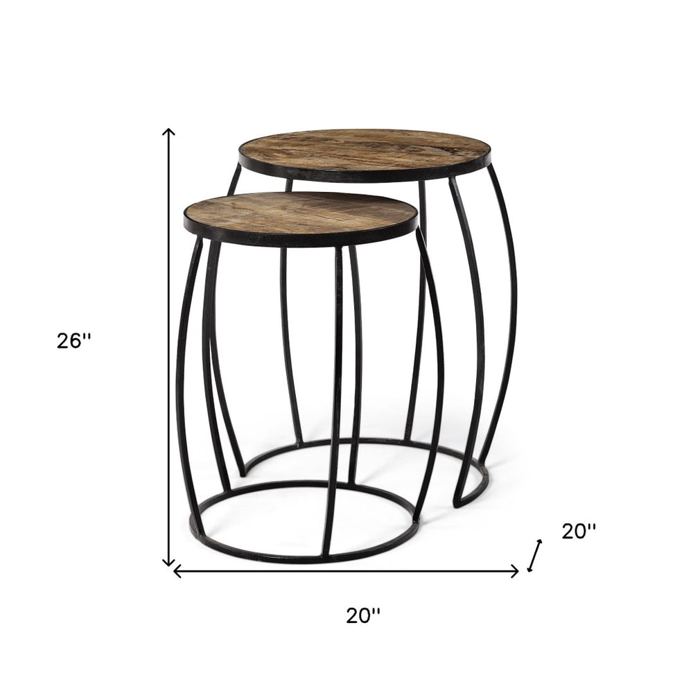 HomeRoots Set of Two 26" Solid Wood Round End Tables with Black Metal Base for Modern Industrial Style Decor 380681