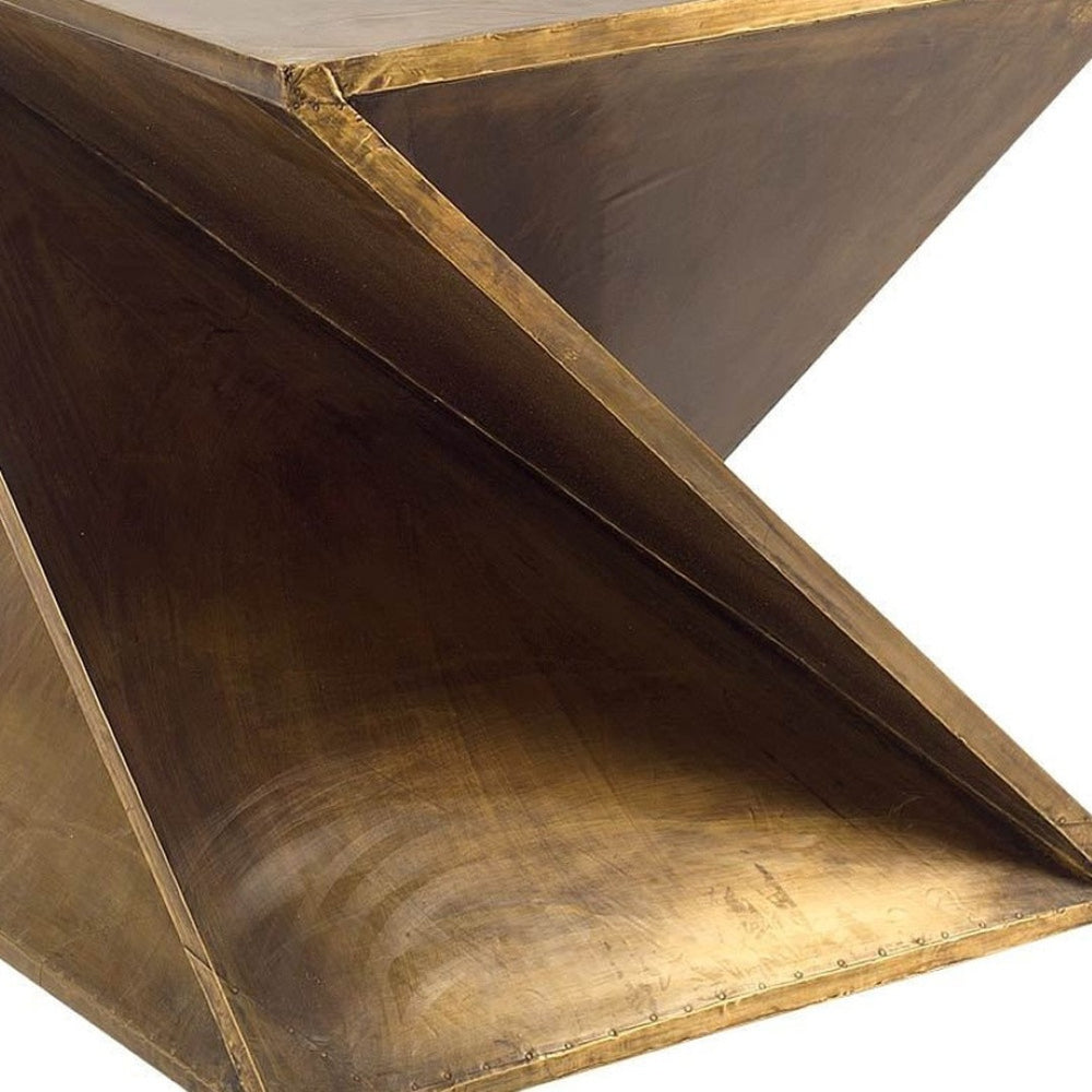 HomeRoots 21" Brass Clad Distressed Wood Abstract End Table - Unique Z-Shape Design for Stylish Living Spaces 380687