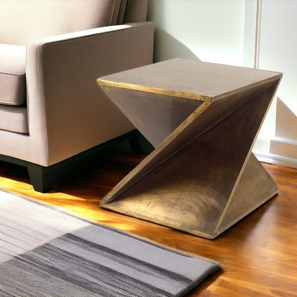 HomeRoots 21" Brass Clad Distressed Wood Abstract End Table - Unique Z-Shape Design for Stylish Living Spaces 380687