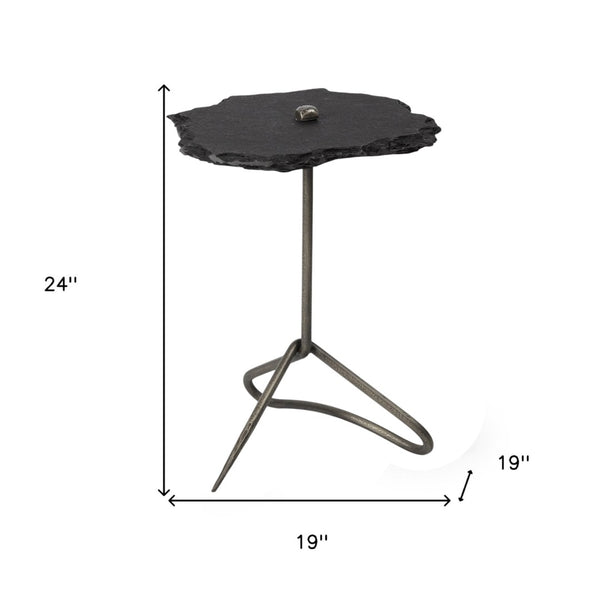 HomeRoots 24" Slate Gray and Black Stone End Table - Modern Elegance with Three-Leg Iron Base for Any Space 380689
