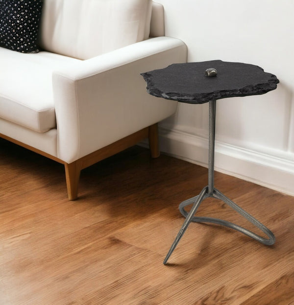 HomeRoots 24" Slate Gray and Black Stone End Table - Modern Elegance with Three-Leg Iron Base for Any Space 380689