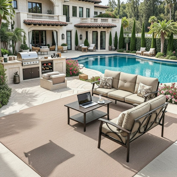 English Elm 3-piece Outdoor Steel Patio Conversation Set with Thick Cushions and Coffee Table Beige B082S00123