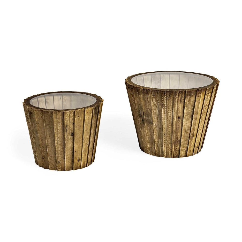 HomeRoots Set of Two Elegant 19" Round End Tables with Clear Glass Top and Rustic Brown Wood Base Charm 380707