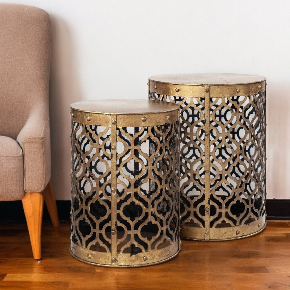HomeRoots Set of Two Glamorous 20" Gold Round End Tables with Abstract Metal Base for Modern Spaces 380708