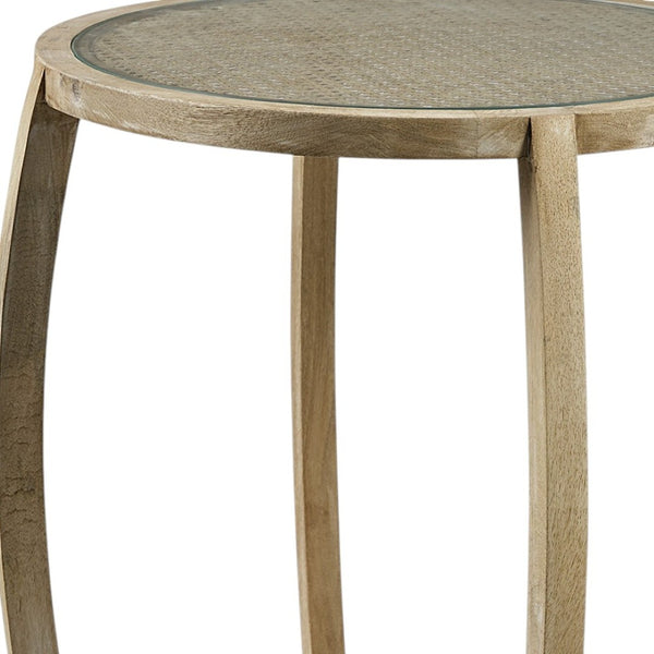 HomeRoots 26" Stylish Round End Table with Clear Glass Top & Brown Wood Base - Perfect for Modern Decor! 380711
