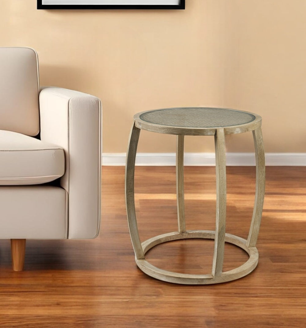 HomeRoots 26" Stylish Round End Table with Clear Glass Top & Brown Wood Base - Perfect for Modern Decor! 380711