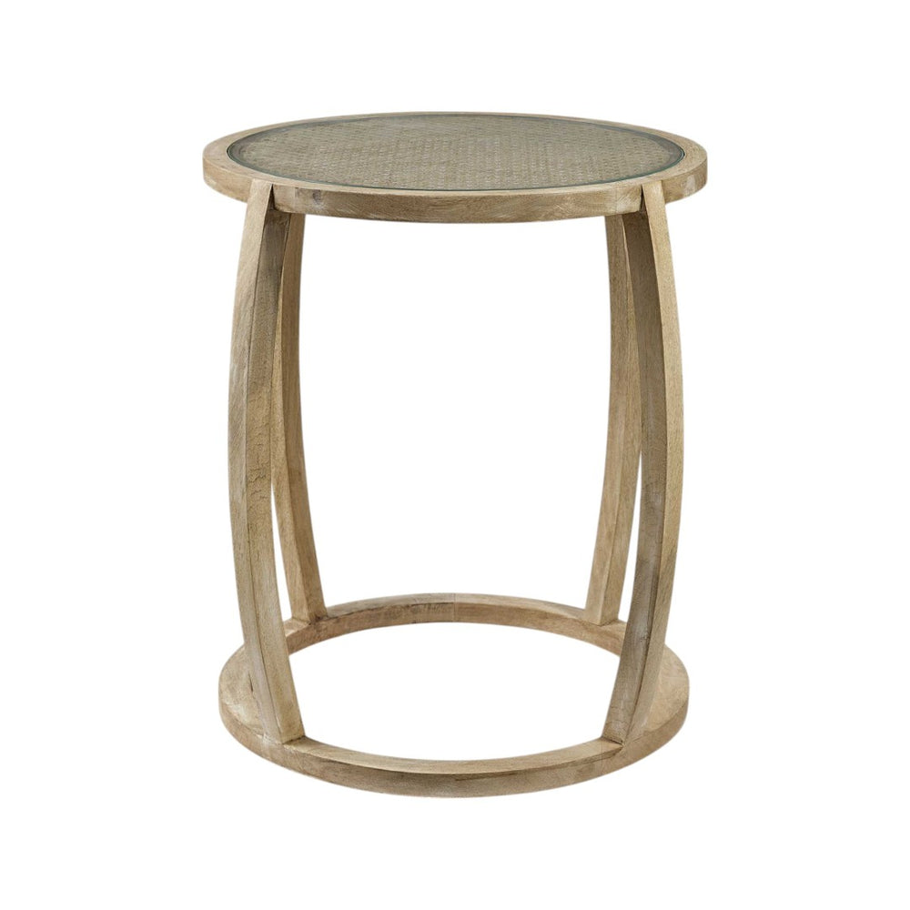 HomeRoots 26" Stylish Round End Table with Clear Glass Top & Brown Wood Base - Perfect for Modern Decor! 380711