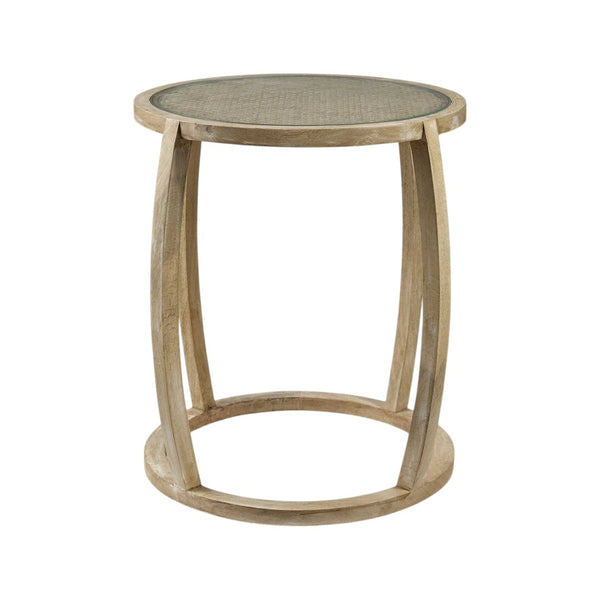 HomeRoots 26" Stylish Round End Table with Clear Glass Top & Brown Wood Base - Perfect for Modern Decor! 380711