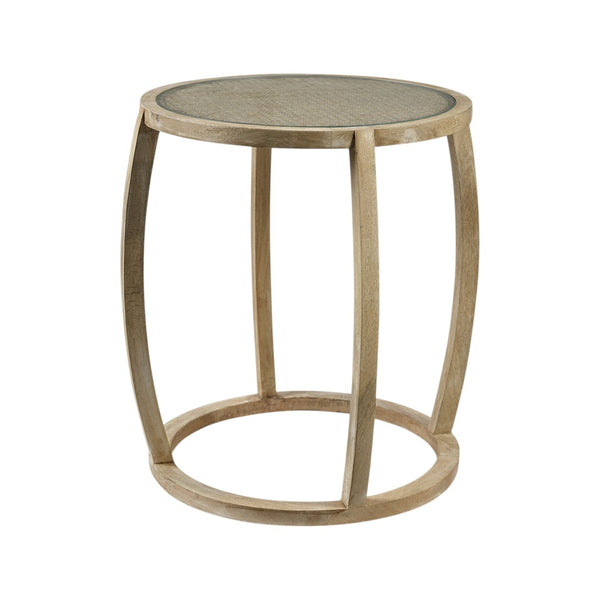HomeRoots 26" Stylish Round End Table with Clear Glass Top & Brown Wood Base - Perfect for Modern Decor! 380711