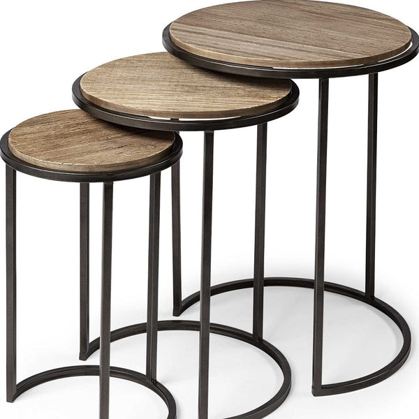 Homeroots Set Of Three 27" Black And Brown Solid Wood Round End Table   380715