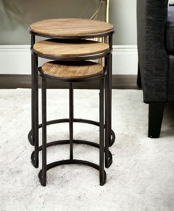 Homeroots Set Of Three 27" Black And Brown Solid Wood Round End Table   380715