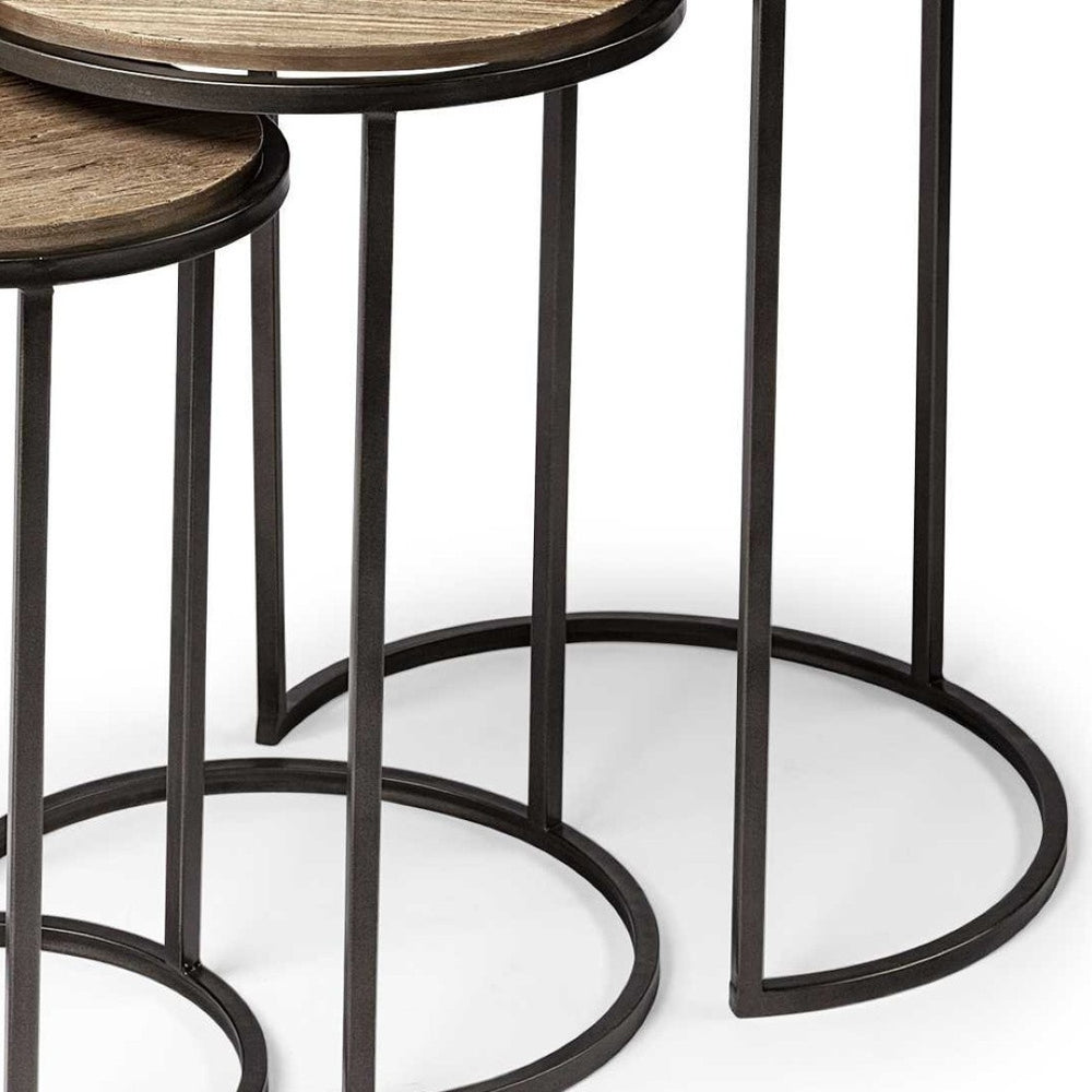 HomeRoots Set of Three 27" Round End Tables - Black Metal Base & Brown Solid Wood Top for Stylish Living Spaces 380715