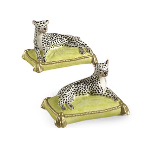 Chelsea House Leopards Handcrafted Italian Ceramic Figurines On Gold-Trim Cushions — Pair Of Elegant Decorative Accents 380751