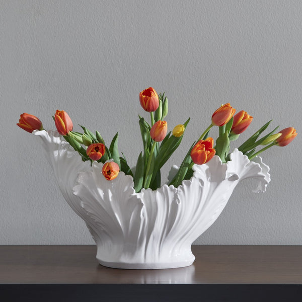 Chelsea House Acanthus Italian Ceramic Bowl — Hand-Painted Glossy White Acanthus Motif, Large 21" Centerpiece Bowl 380757