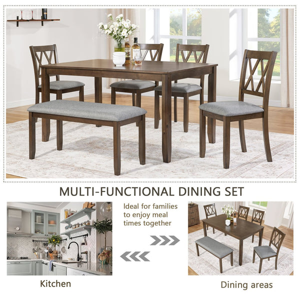 English Elm Elegant 6-Piece Wooden Dining Set For 6 | Modern Walnut Table, Bench & Upholstered Chairs Included W1998S00072