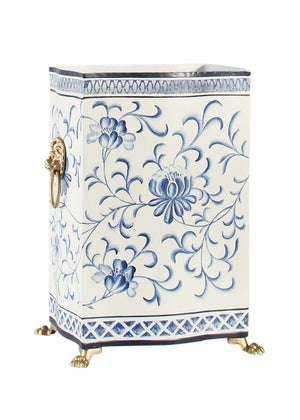 Chelsea House Blue/White Hand-Painted Tole Wastebasket With Blue Floral Motif, Filigree Trim, Lion Head Handles, Claw Feet 380861