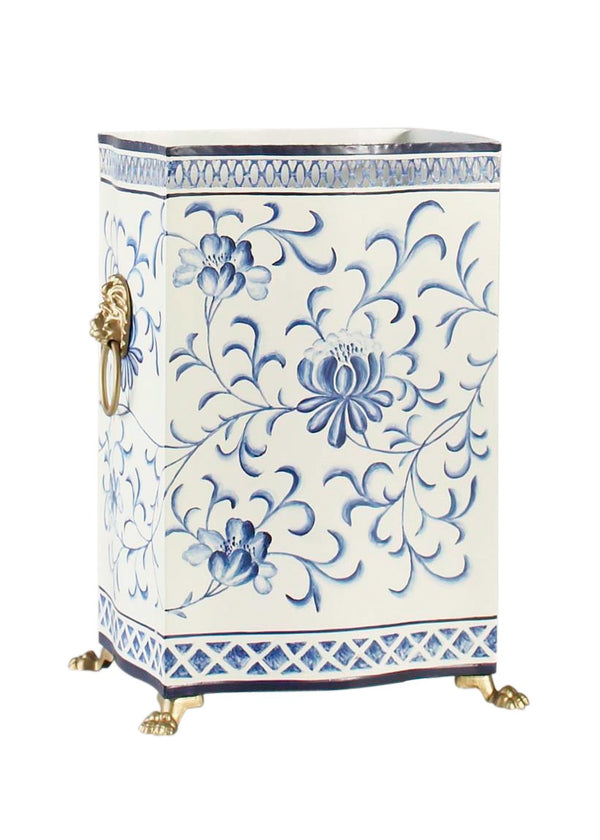 Chelsea House Blue/White Hand-Painted Tole Wastebasket With Blue Floral Motif, Filigree Trim, Lion Head Handles, Claw Feet 380861