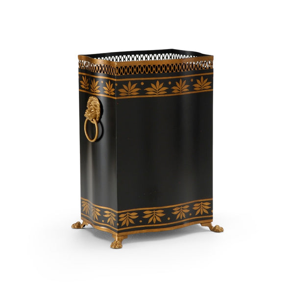 Chelsea House Carlton Hand-Painted Black Wastebasket With Gold Floral Motif, Antique Lion Handles & Claw Feet 380863