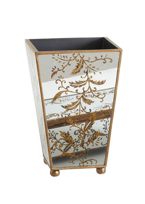 Chelsea House Madison Mirrored Wastebasket With Hand-Painted Gold Floral Accents, 14" X 9" Slim Decorative Bin 380870
