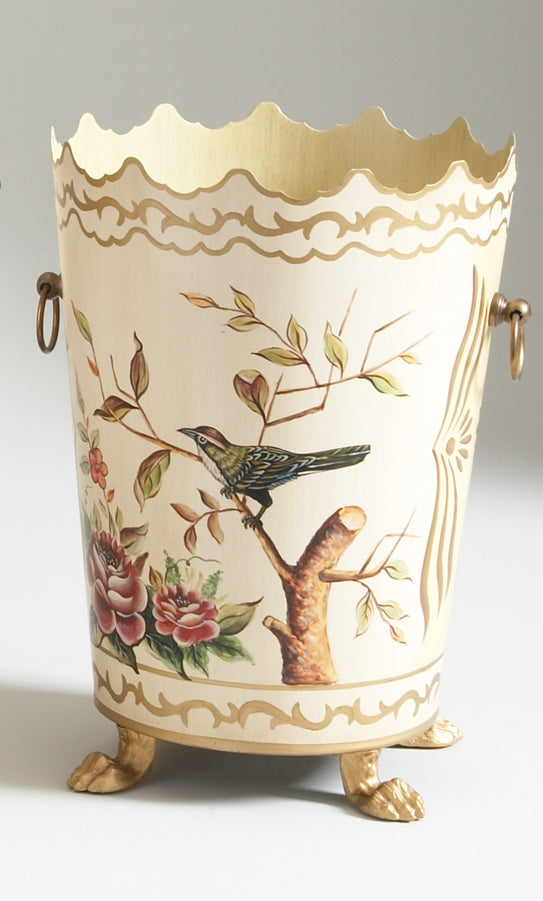 Chelsea House Midland Hand-Painted Tole Wastebasket With Floral Bird Motif, Antique Gold Claw Feet & Ring Handles 380871