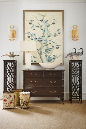 Chelsea House Midland Hand-Painted Tole Wastebasket With Floral Bird Motif, Antique Gold Claw Feet & Ring Handles 380871