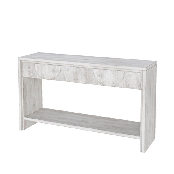 English Elm Farmhouse Distressed Console Table 55" Rustic Solid Wood Sofa Table with Carved Drawers & Shelf White T3833P366467