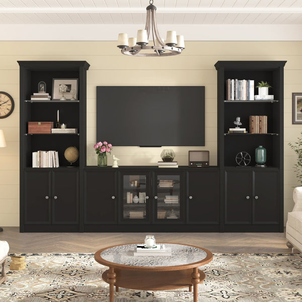 English Elm U-can Three Piece Wall Unit Built-in Media Center with Crown Molding and Tempered Glass Storage Black SJ000156AAB
