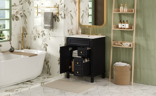 English Elm 24" French-Inspired Bathroom Vanity With Ceramic Sink, 2 Soft-Close Drawers & Adjustable Shelf N710P318989B