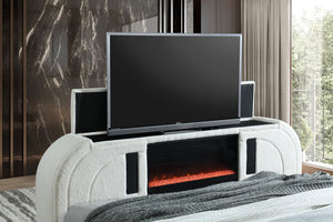 English Elm Shelyn Plush Teddy Sherpa EK Bed with LED Headboard, Built-In Fireplace, TV Lift and Bluetooth Speaker White 85.83 L x 12.6 W x 6.61 H B2726S00478