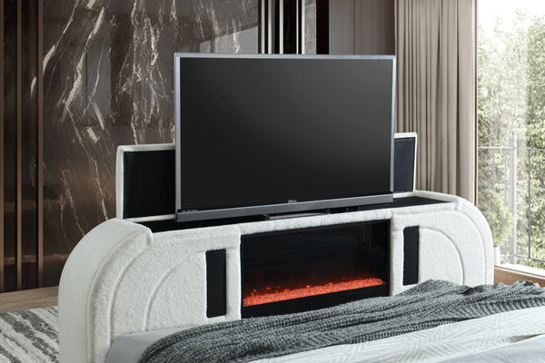 English Elm Shelyn Plush Teddy Sherpa EK Bed with LED Headboard, Built-In Fireplace, TV Lift and Bluetooth Speaker White 85.83 L x 12.6 W x 6.61 H B2726S00478