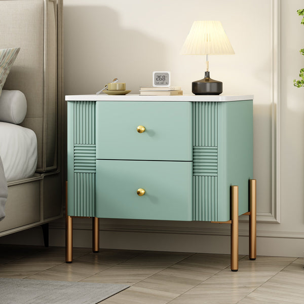 English Elm Christopher Knight Home® - Modern Fluted Nightstand with Two Drawers and Gold Legs, Sleek Textured Bedside Table for Stylish Storage and Easy Cleaning Green 23 L x 18 W x 18 H N761P285710F