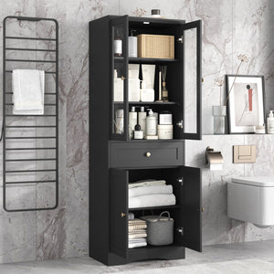 English Elm Tall Bathroom Storage Cabinet, Cabinet With Four Doors and Drawers, Adjustable Shelf, Mdf Board, Black