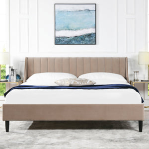 English Elm Jennifer Taylor Home - Aspen King Platform Bed Set With Vertical Tufted Headboard In Mink Beige Velvet - Durable & Stylish B2719P238520