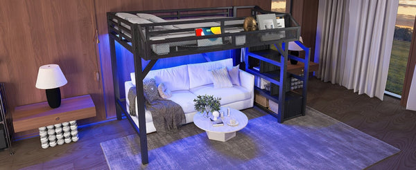 English Elm Full Xl Over Twin Triple Metal Bunk Bed with Storage Stairs and Shelves Black Black+Natural W1580S00407