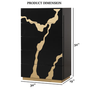 English Elm Contemporary Chic Five-Drawer Chest with Chrome Legs, High-Gloss Coating, Smooth Modern Design Black,Gold 22 L x 34 W x 55 H B2741P369852