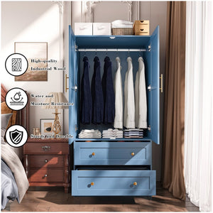 English Elm Shaker Two Door Wardrobe Armoire with Hanging Rod Drawers and Bedroom Storage T3210P477664