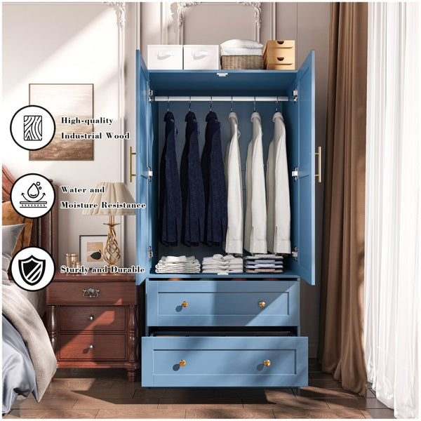 English Elm Shaker Two Door Wardrobe Armoire with Hanging Rod Drawers and Bedroom Storage T3210P477664