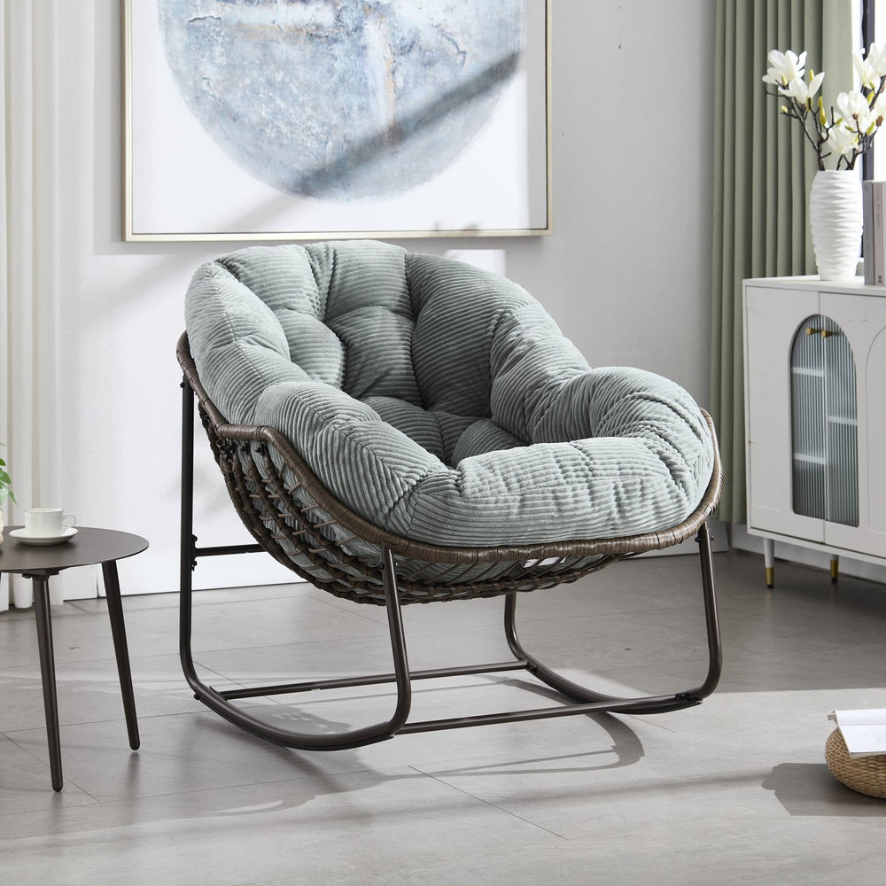 English Elm Outdoor Rattan Oversized Rocking Egg Chair with Padded Velvet Cushion, Sturdy Steel Frame, Light Green W640P271523